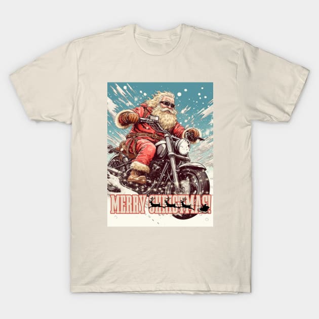 Santa Celebrate Christmas With Motorcycle T-Shirt by FrogandFog